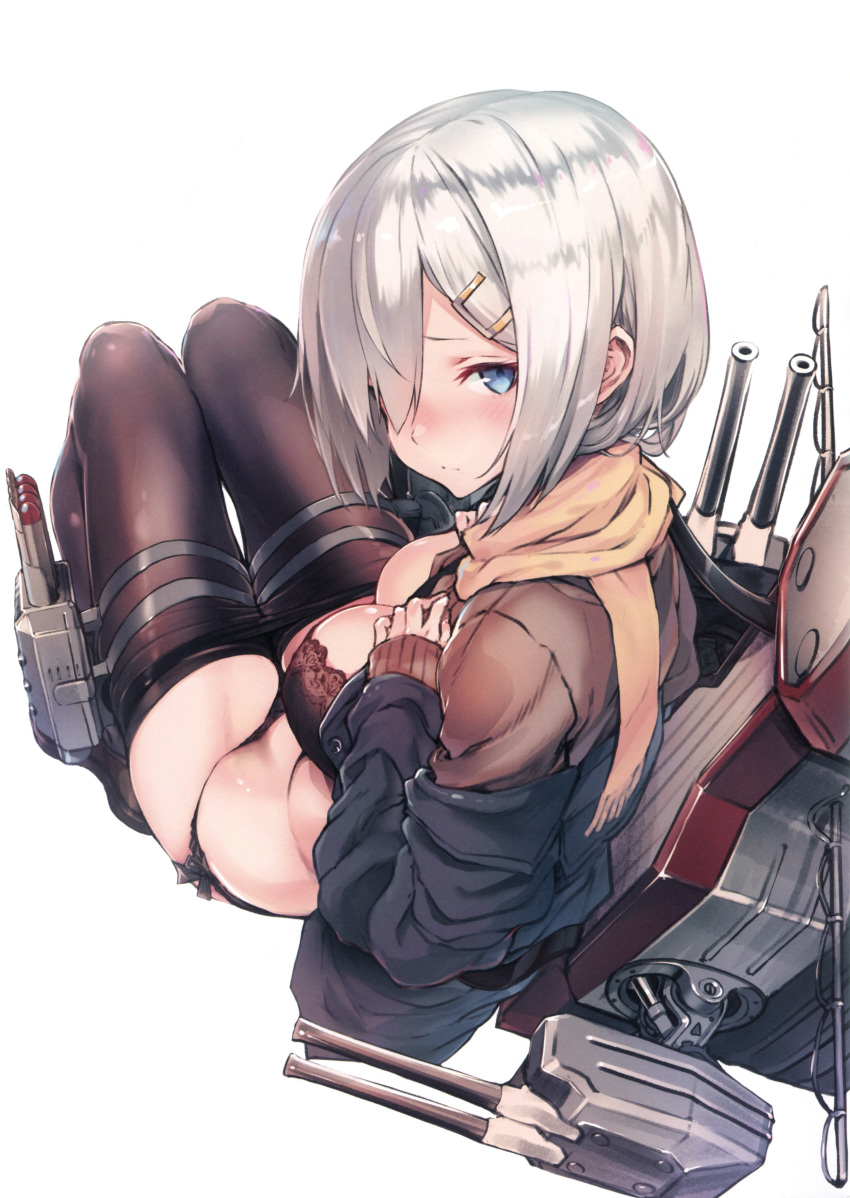 1girl absurdres afukuro alternate_costume black_bra black_panties blurry blush bra breasts depth_of_field enpera hair_ornament hair_over_one_eye hairclip hamakaze_(kantai_collection) highres kantai_collection large_breasts legs_together looking_at_viewer looking_back machinery panties pantyhose pantyhose_pull scan scarf shirt_lift short_hair silver_hair simple_background sitting solo turret underwear white_background