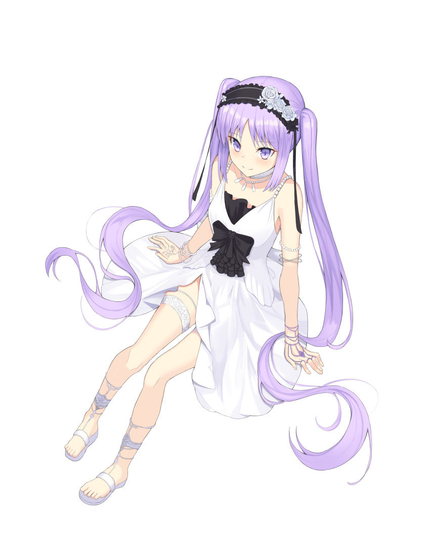 1girl absurdres arm_support armlet bangs black_bow black_hairband bow bracelet closed_mouth doggo34476335 dress euryale fate/hollow_ataraxia fate_(series) flower from_above full_body hair_flower hair_ornament hairband highres jewelry long_hair purple_hair rose shiny shiny_hair short_dress side_slit simple_background sitting sleeveless sleeveless_dress smile solo thighlet twintails very_long_hair violet_eyes white_background white_dress white_flower white_rose
