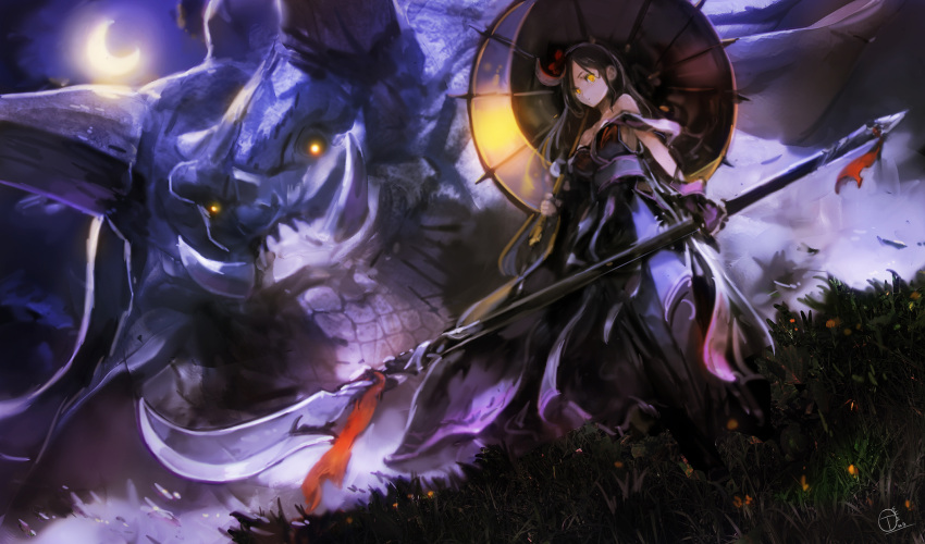 1girl bare_shoulders black_hair breasts crescent_moon dress dutch_angle gloves highres holding holding_weapon long_hair looking_at_viewer medium_breasts monster moon night okuto original parasol signature solo standing strapless strapless_dress umbrella weapon yellow_eyes