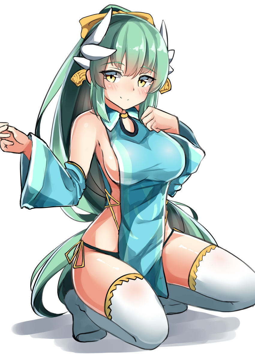 1girl absurdres adapted_costume bare_shoulders black_panties blue_dress blue_sleeves blush bow breasts closed_mouth detached_sleeves dragon_horns dress fate/grand_order fate_(series) green_hair hair_bow hands_up high_ponytail highres horns kiyohime_(fate/grand_order) large_breasts long_hair long_sleeves moyoron panties ponytail shadow side-tie_panties sidelocks simple_background sleeveless sleeveless_dress smile solo squatting thigh-highs underwear very_long_hair white_background white_legwear wide_sleeves yellow_bow yellow_eyes