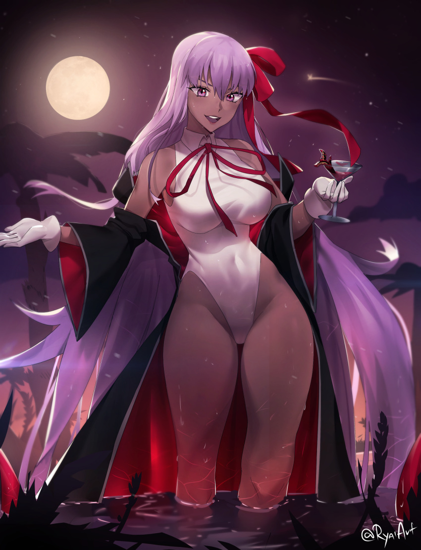 1girl artist_name bangs bare_shoulders bb_(fate)_(all) bb_(swimsuit_mooncancer)_(fate) black_coat bow breasts cocktail_glass collared covered_navel cup drinking_glass fate/grand_order fate_(series) full_moon gloves hair_between_eyes hair_bow highleg highleg_leotard highres holding holding_cup large_breasts lavender_eyes lavender_hair leotard long_hair looking_at_viewer moon night off_shoulder open_mouth outdoors red_bow red_ribbon ribbon ryairyai smile solo star_(sky) swimsuit very_long_hair wading water wet white_gloves white_leotard