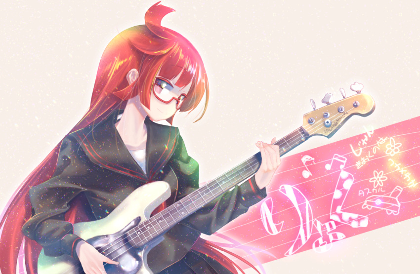 1girl beamed_eighth_notes black_serafuku black_shirt black_skirt closed_mouth commentary_request eighth_note glasses guitar instrument kemurikusa long_hair looking_at_viewer musical_note pleated_skirt red-framed_eyewear red_eyes redhead ryouku_(kemurikusa) school_uniform semi-rimless_eyewear serafuku shirt skirt smile solo under-rim_eyewear usapenpen2019 very_long_hair