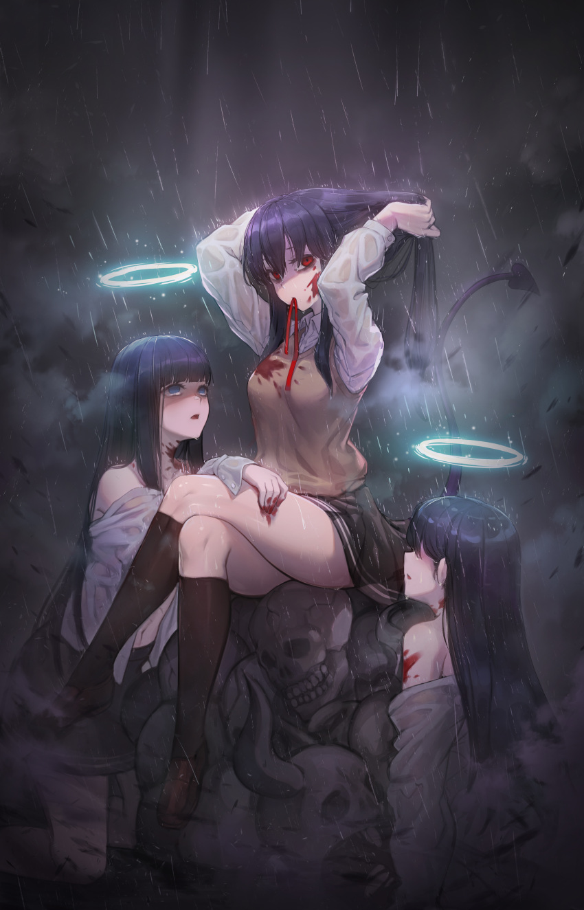 3girls absurdres adjusting_hair arms_up bangs black_hair black_legwear blood blood_on_face blood_splatter bloody_clothes blue_eyes blunt_bangs breasts brown_footwear collared_shirt demon_tail full_body hair_between_eyes halo highres kneehighs kneeling long_hair long_sleeves looking_at_viewer medium_breasts miniskirt mouth_hold multiple_girls night open_mouth original outdoors peachpa rain red_eyes ribbon shirt shoes sitting skirt skull straight_hair tail thighs vest wet wet_clothes white_shirt