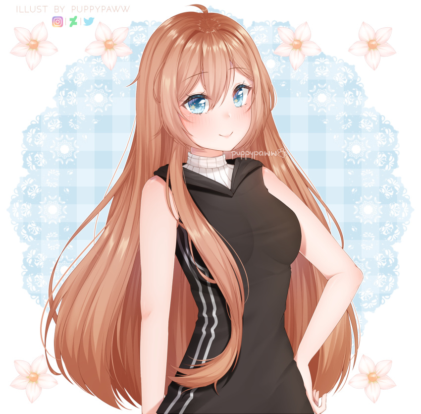 1girl ahoge artist_name bangs bare_arms bare_shoulders black_jacket blue_eyes blush breasts brown_hair commentary commission deviantart_logo english_commentary eyebrows_visible_through_hair floral_print highres instagram_logo jacket long_hair looking_at_viewer medium_breasts original puppypaww sleeveless sleeveless_jacket solo twitter_logo upper_body