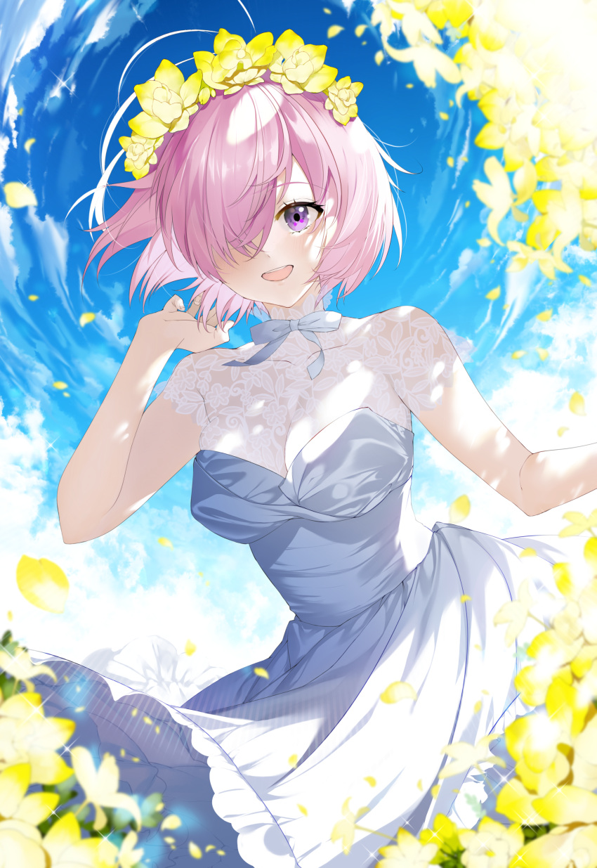 1girl absurdres blue_sky blush breasts dress fate/grand_order fate_(series) field flower flower_field hair_over_one_eye hamada_pochiwo head_wreath highres large_breasts lavender_hair looking_at_viewer mash_kyrielight open_mouth petals short_hair sky smile solo sunlight violet_eyes white_dress