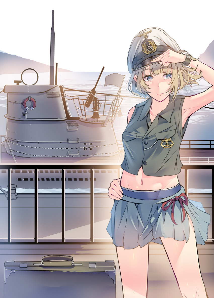 1girl absurdres aqua_skirt bay blonde_hair blue_eyes blue_sky collared_shirt commentary_request cowboy_shot day dock green_shirt gun hat highres kriegsmarine machine_gun midriff mountainous_horizon navel open_collar original outdoors panties peaked_cap pleated_skirt shirt short_hair side-tie_skirt skirt sky sleeveless smile submarine suitcase uchidahiroki underwear watercraft weapon white_headwear