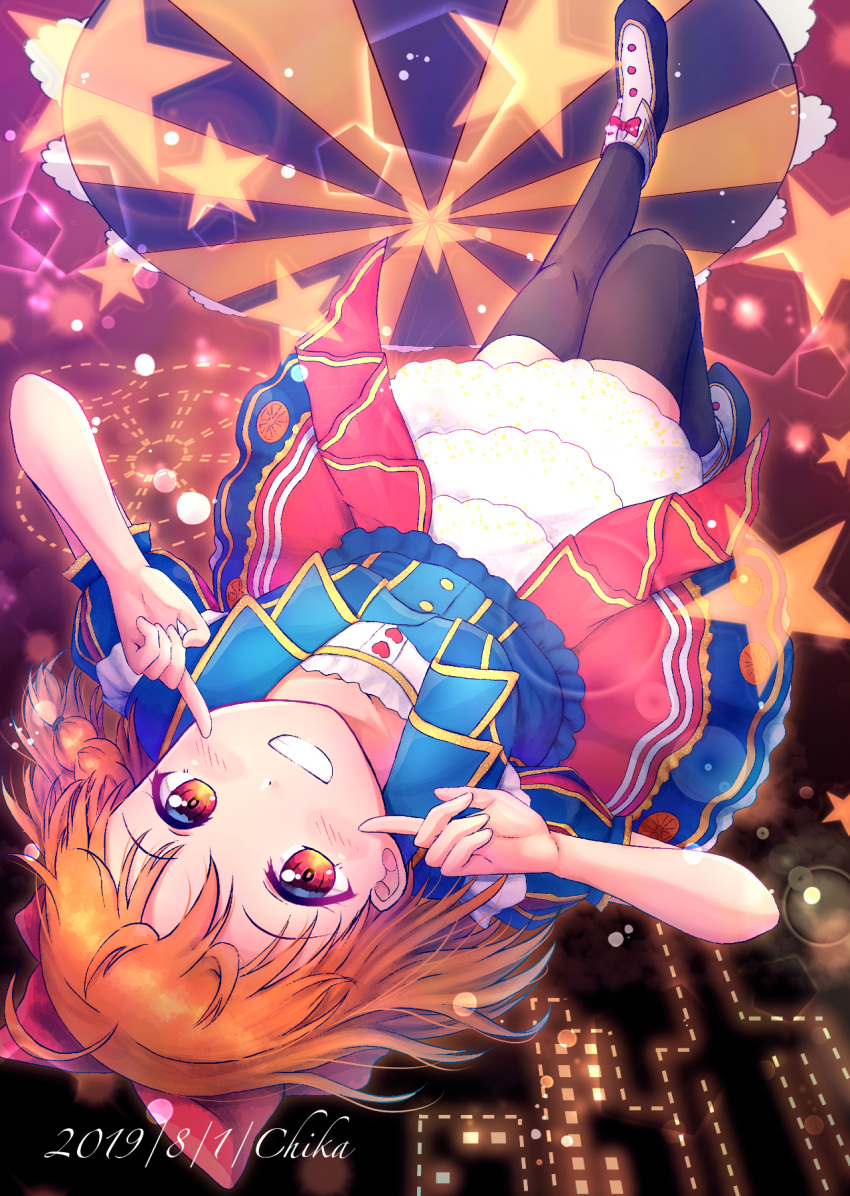 1girl ahoge b.ren birthday black_legwear braid character_name commentary_request dated highres looking_at_viewer love_live! love_live!_sunshine!! orange_hair red_eyes short_sleeves side_braid solo star takami_chika upside-down