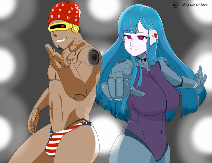 1boy 1girl absurdres android blue_hair breasts bulge crossover cyberpunk dark_skin flag_print highres indioweeaboo kira_miki large_breasts long_hair male_swimwear meme pink_eyes pointing real_life ricardo_milos smile swim_briefs swimwear thick_thighs thighs va-11_hall-a