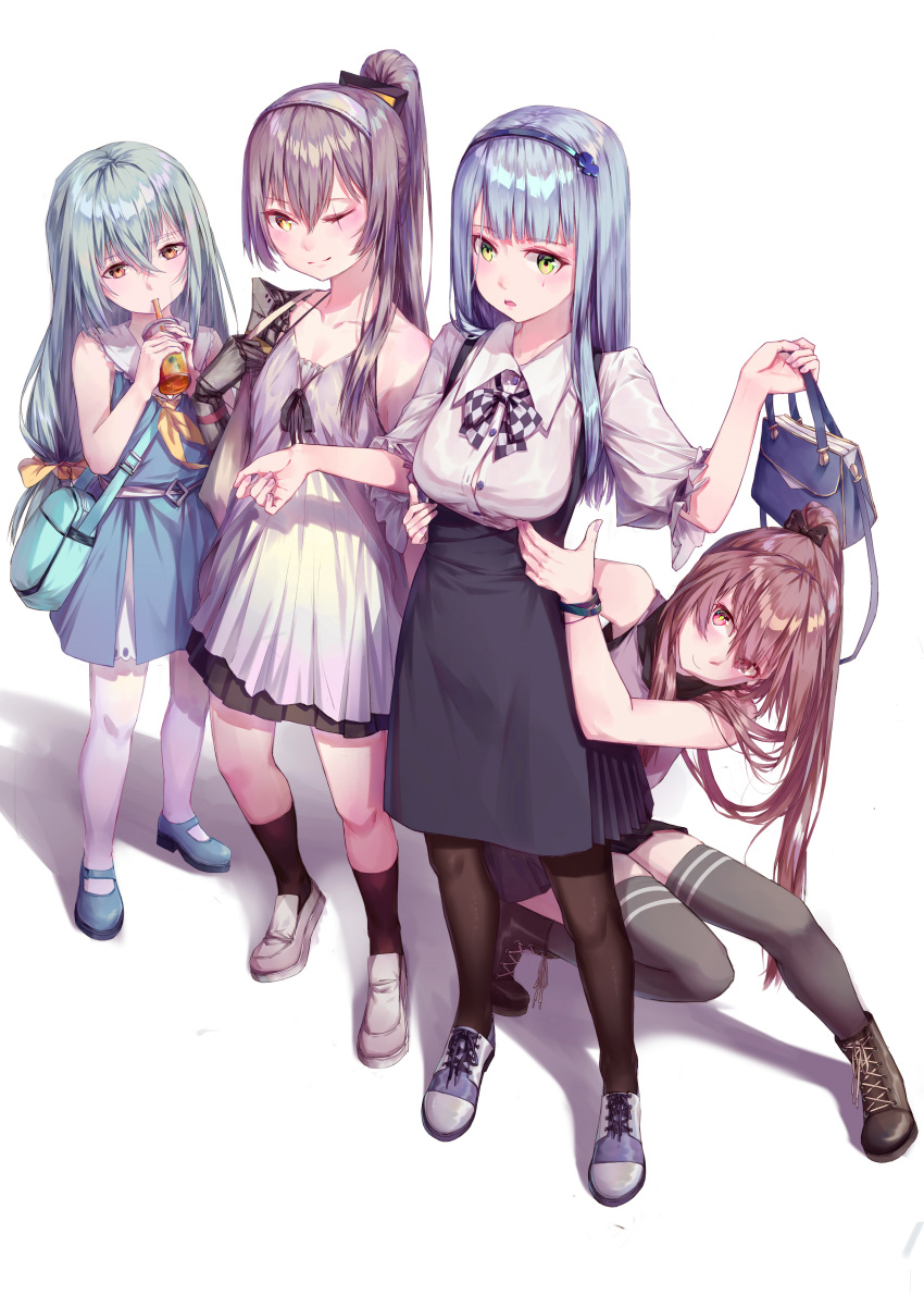 404_(girls_frontline) 4girls absurdres alternate_costume alternate_hairstyle bangs bare_shoulders black_legwear blunt_bangs breasts closed_mouth collarbone commentary drinking eyebrows_visible_through_hair facial_mark full_body g11_(girls_frontline) girls_frontline green_eyes hair_ornament hairclip highres hk416_(girls_frontline) holding long_hair looking_at_viewer medium_breasts multiple_girls one_eye_closed ren_huozhe scar scar_across_eye silver_hair smile thigh-highs ump45_(girls_frontline) ump9_(girls_frontline)