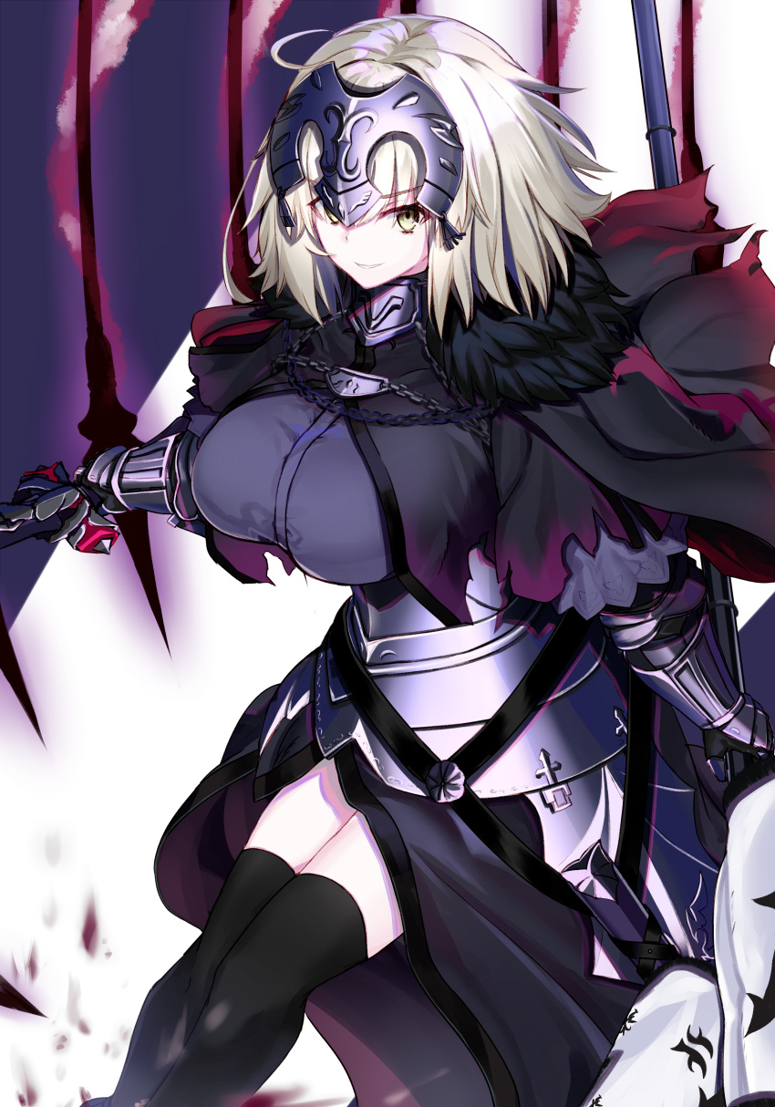 1girl absurdres ahoge armor armored_dress bangs belt black_dress breasts cape chain collar dress fate/grand_order fate_(series) flag fur-trimmed_cape fur_collar fur_trim gauntlets hair_between_eyes headpiece highres jeanne_d'arc_(alter)_(fate) jeanne_d'arc_(fate)_(all) large_breasts looking_at_viewer metal_collar ninoude_(ninoude44) pale_skin plackart polearm short_hair silver_hair smile solo spear sword thigh-highs weapon white_background yellow_eyes