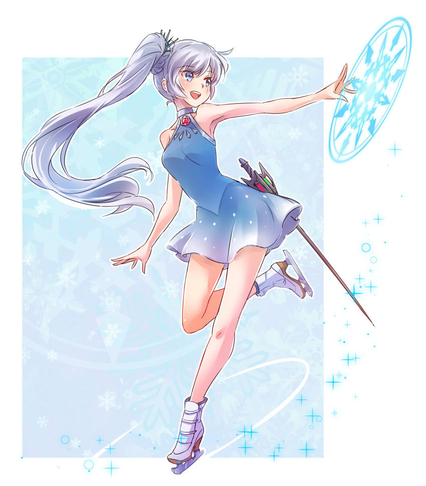 1girl absurdres adapted_costume bare_shoulders blue_eyes earrings high_collar highres ice_skates iesupa jewelry long_hair magic_circle myrtenaster necklace pendant ponytail rapier rwby scar scar_across_eye side_ponytail skates solo sword tiara weapon weiss_schnee white_hair