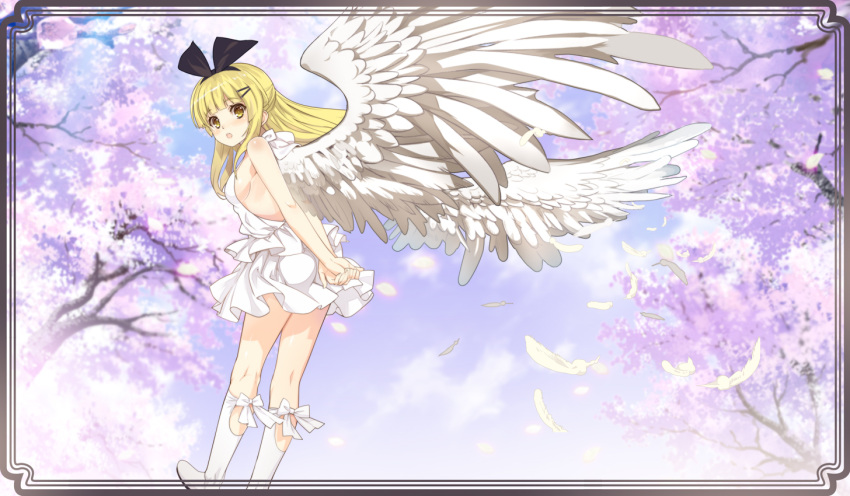 1girl :d angel angel_wings arms_behind_back blonde_hair breasts cherry_blossoms dress feathered_wings hair_ornament hairband hairpin long_hair looking_at_viewer looking_to_the_side nyoro_(nyoronyoro000) open_mouth original sideboob smile solo tree white_dress white_footwear white_wings wind wings yellow_eyes