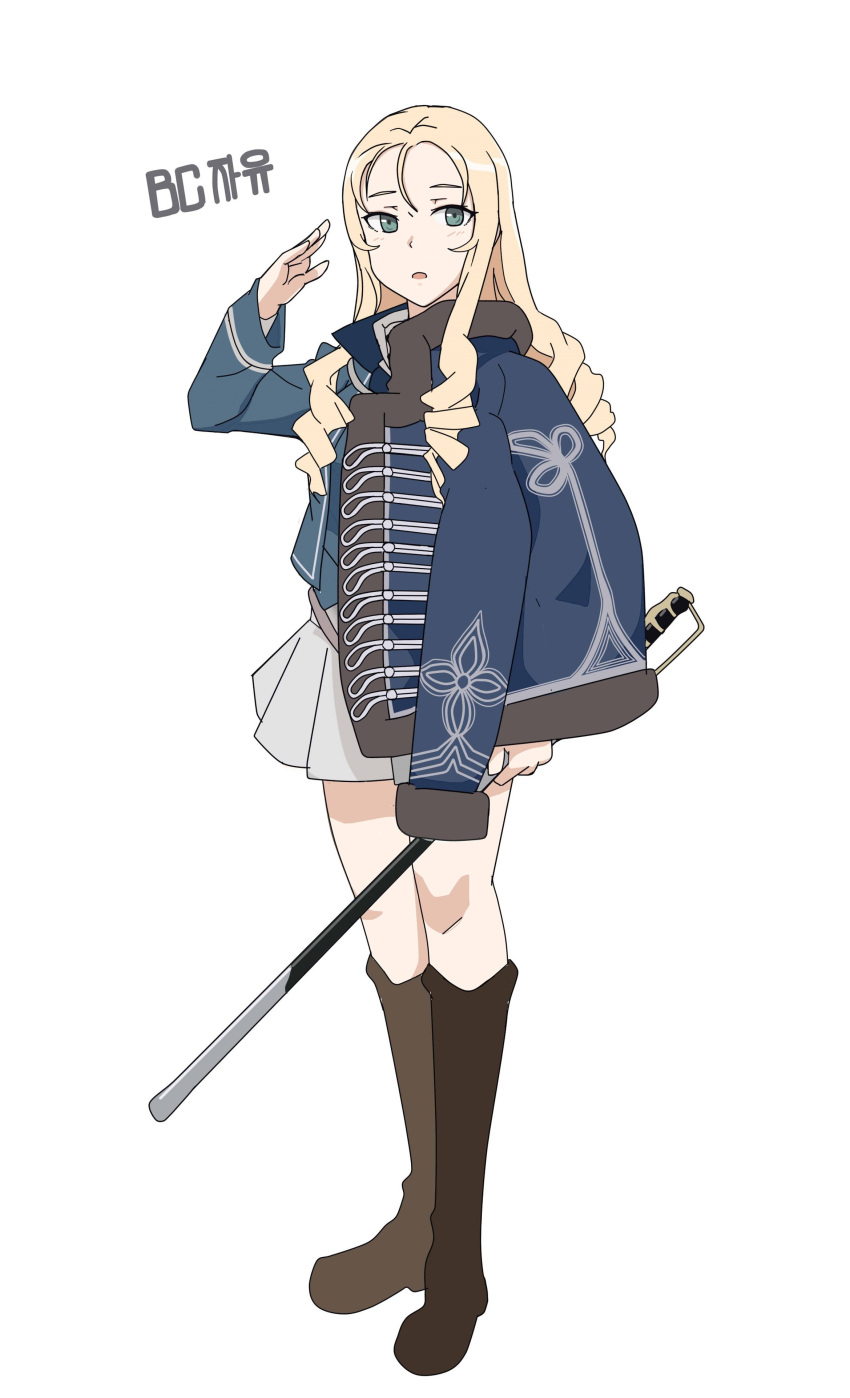 1girl absurdres bc_freedom_military_uniform blonde_hair blue_jacket blue_vest boots drill_hair girls_und_panzer green_eyes high_collar highres jacket long_hair long_sleeves looking_at_viewer perfect_han pleated_skirt salute sheath sheathed simple_background skirt solo standing strap sword thighs vest weapon white_background white_skirt