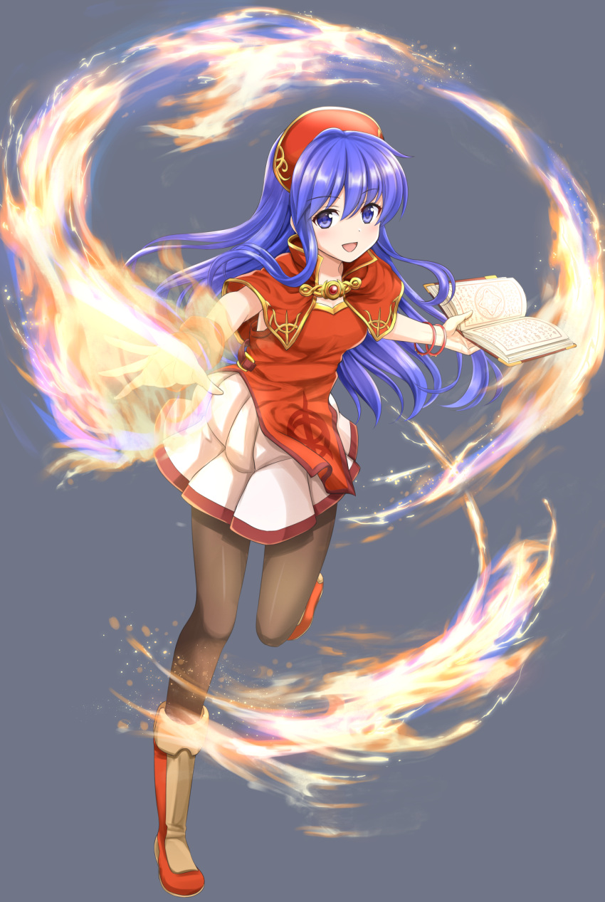 1girl blue_eyes blue_hair book boots bracelet capelet commentary_request eyebrows_visible_through_hair fire fire_emblem fire_emblem:_fuuin_no_tsurugi fire_emblem:_the_binding_blade fire_emblem_sword_of_seals hair_between_eyes highres holding holding_book intelligent_systems jewelry leg_up lilina long_hair looking_at_viewer nichika_(nitikapo) nintendo open_mouth outstretched_arms pantyhose plaid plaid_skirt pose red_headwear red_shirt shirt simple_background skirt sleeveless sleeveless_shirt smile solo white_skirt