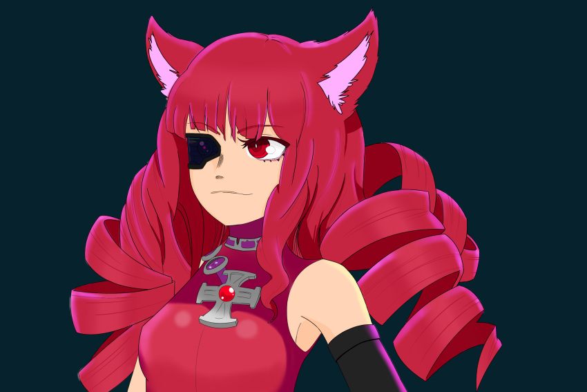 1girl animal_ears bare_shoulders cat_ears closed_mouth collar eyebrows_visible_through_hair highres indioweeaboo long_hair red_eyes redhead robotic_parts smile stella_hoshii va-11_hall-a