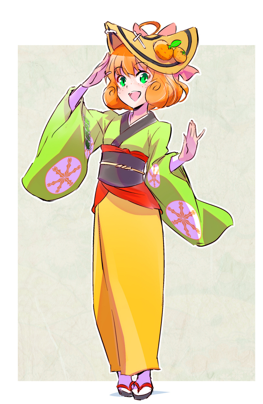 1girl absurdres ahoge curly_hair eyebrows_visible_through_hair food freckles fruit full_body green_eyes highres iesupa japanese_clothes kimono looking_at_viewer open_mouth orange orange_hair penny_polendina rwby sandals short_hair smile solo wide_sleeves