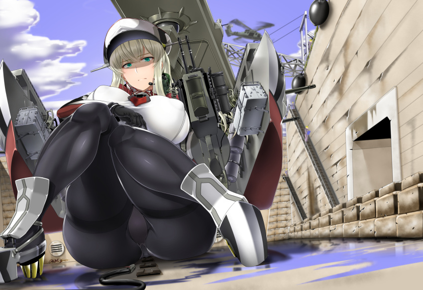 1girl aircraft anchor black_gloves black_legwear blonde_hair blue_sky breasts capelet clouds commentary_request day drydock giantess gloves graf_zeppelin_(kantai_collection) green_eyes hair_between_eyes hat helicopter highres impossible_clothes iron_cross jacket kantai_collection large_breasts military military_uniform outdoors panties panties_under_pantyhose pantyhose peaked_cap rigging saizu_nitou_gunsou sidelocks sitting sky solo_focus thighband_pantyhose twintails underwear uniform white_headwear white_panties