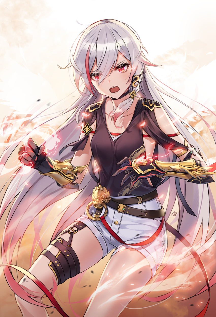 1girl aliceblue alternate_costume bangs bare_shoulders black_shirt breasts collarbone dragon_print eyebrows_visible_through_hair fire floating_hair fu_hua fu_hua_(phoenix) gloves gradient_hair hair_between_eyes hair_ornament highres honkai_(series) honkai_impact_3rd long_hair looking_at_viewer multicolored_hair open_mouth red_eyes redhead shirt shorts shoulder_cutout sidelocks silver_hair solo streaked_hair thigh_strap turquoise_(gemstone) very_long_hair white_shorts wind