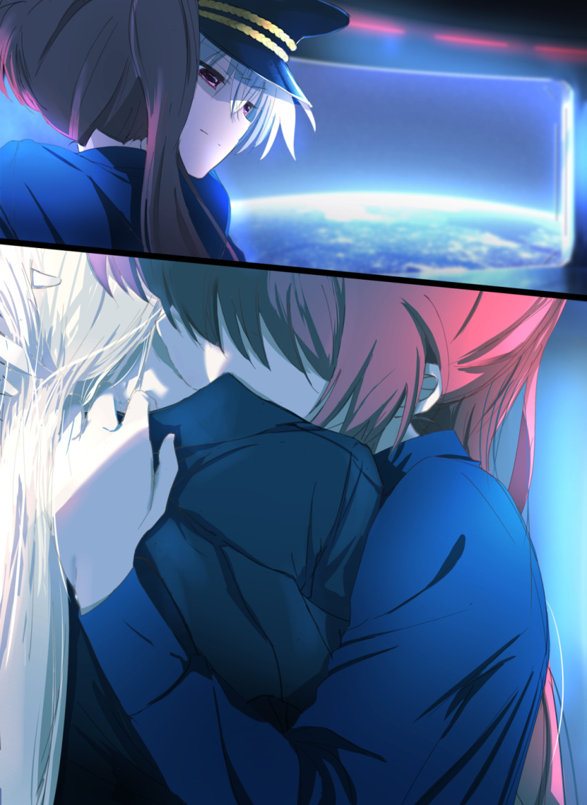 2girls alternate_costume alternate_hairstyle blonde_hair blue_shirt blush closed_mouth collared_shirt couple covered_eyes earth fate_testarossa frown hat highres hug kiss long_hair long_sleeves looking_at_another lyrical_nanoha mahou_shoujo_lyrical_nanoha mahou_shoujo_lyrical_nanoha_strikers mahou_shoujo_lyrical_nanoha_vivid military military_hat military_uniform multiple_girls nape neck neck_kiss ossan_jololol planet ponytail red_eyes redhead shaded_face shirt space star_(sky) takamachi_nanoha uniform very_long_hair yuri