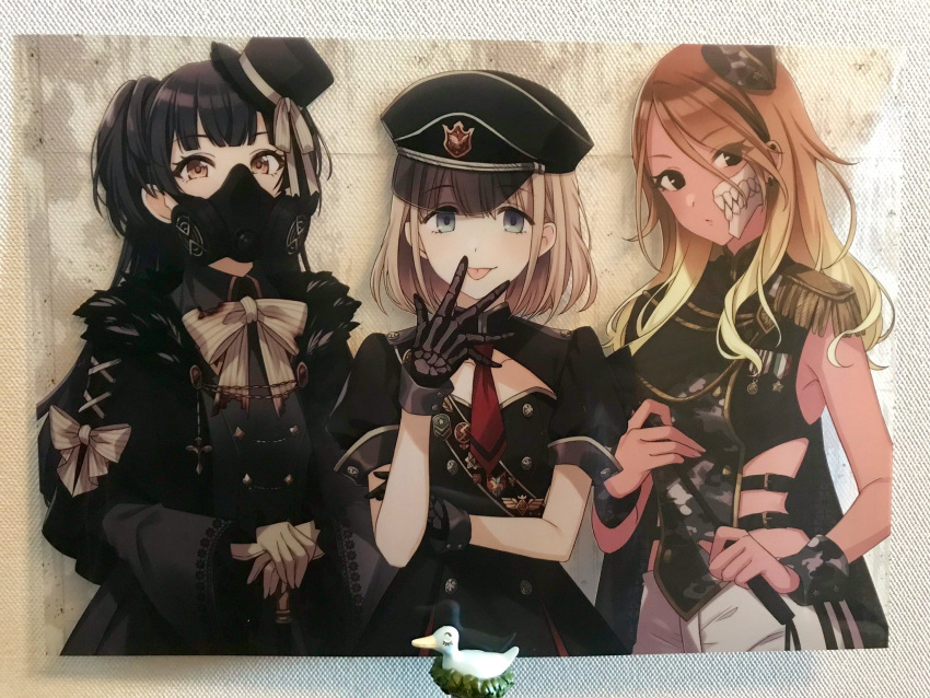 3girls badge bangs bird black_eyes black_gloves black_hair blonde_hair blue_eyes bow bowtie breasts cane canvas_(medium) commentary_request dress duck fur_trim gas_mask gloves gradient_hair gyaru hat highres idolmaster idolmaster_shiny_colors izumi_mei long_hair looking_at_viewer mayuzumi_fuyuko military military_uniform mini_hat mini_top_hat multicolored_hair multiple_girls pants peaked_cap riding_crop serizawa_asahi short_hair sleeve_cuffs tongue tongue_out top_hat uniform veryberry00 white_gloves