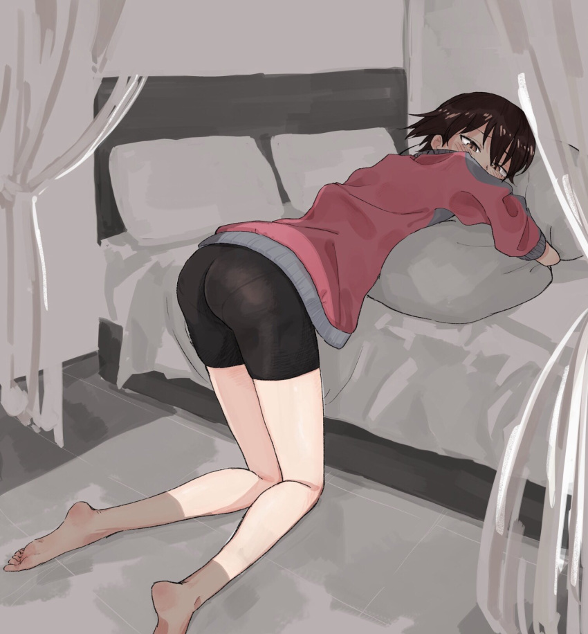 1girl ass bangs barefoot bed bike_shorts black_shorts blush brown_eyes brown_hair from_behind girls_und_panzer gym_uniform half-closed_eyes highres indoors isobe_noriko jacket kneeling leaning_forward looking_at_viewer looking_back pantylines pillow pillow_hug purple_jacket short_hair short_shorts shorts sleeves_rolled_up solo toku_(yhpv8752) track_jacket