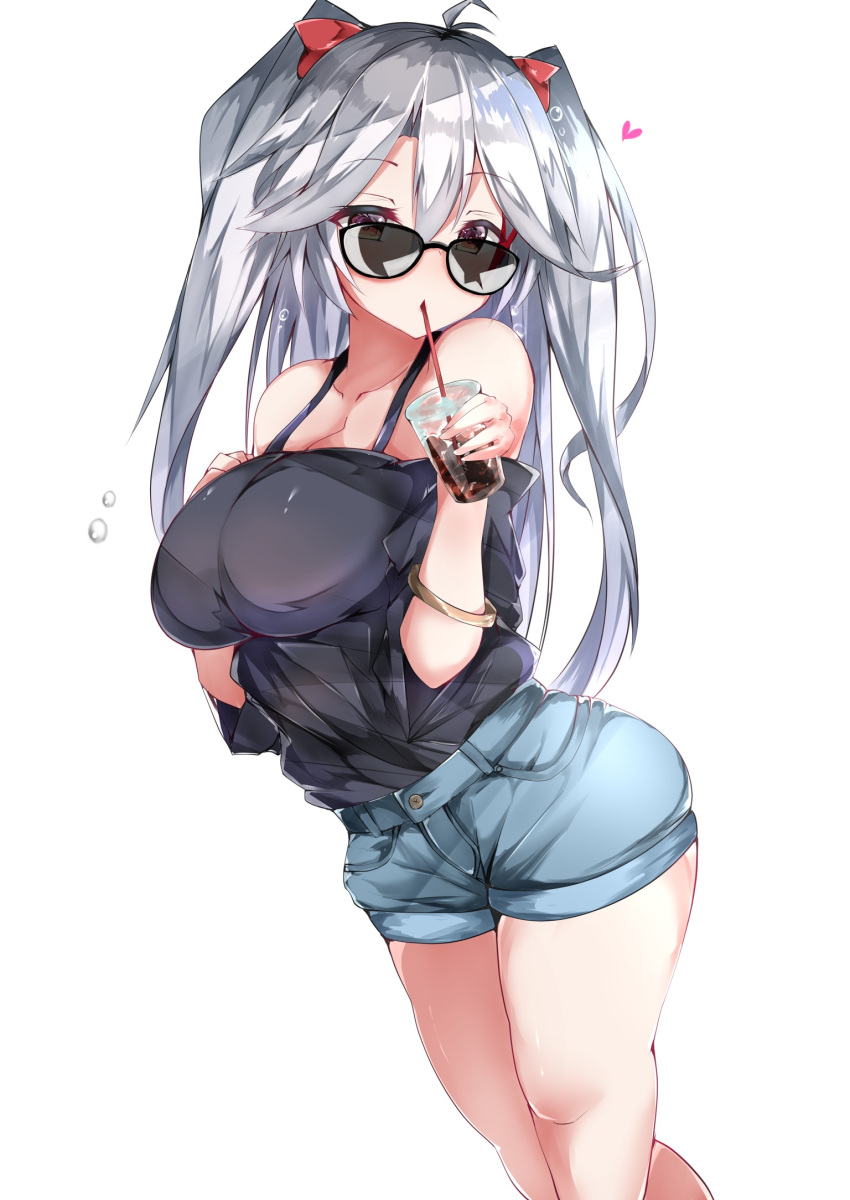 1girl antenna_hair azur_lane bangle bangs blue_shorts blush bracelet breasts casual cup drinking eyebrows_visible_through_hair hair_between_eyes heart highres holding holding_cup jewelry large_breasts long_hair looking_at_viewer multicolored_hair mutou_(94753939) prinz_eugen_(azur_lane) redhead ribbon short_shorts shorts silver_hair simple_background solo streaked_hair sunglasses tareme two_side_up very_long_hair white_background