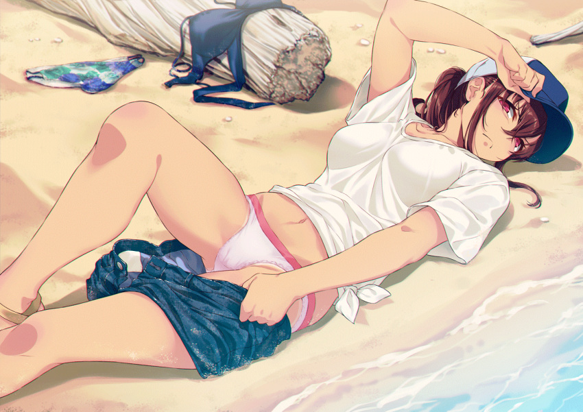 1girl 40hara adjusting_headwear bangs baseball_cap beach bikini_removed breasts breasts_apart brown_hair closed_mouth collarbone day denim denim_shorts glaring hair_between_eyes hat holding_shorts knee_up large_breasts log long_hair looking_at_viewer navel ocean original outdoors panties pink_panties ponytail sand sandals shirt shorts shorts_around_one_leg sidelocks skirt solo t-shirt tied_shirt underwear violet_eyes white_shirt