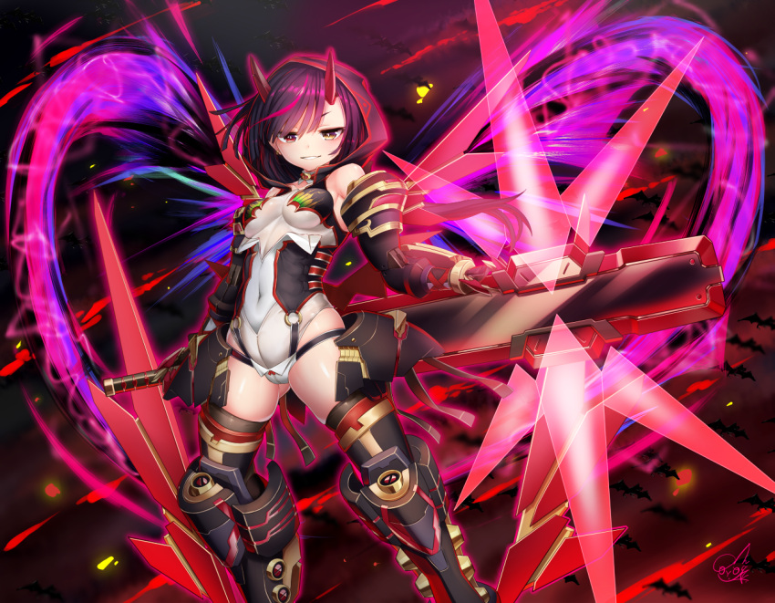 1girl alice_gear_aegis armor armored_boots bangs bare_shoulders bat black_footwear boots breasts brown_background brown_legwear commentary_request covered_navel detached_collar detached_sleeves doyouwantto energy eyebrows_visible_through_hair floating_hair gauntlets grin hair_between_eyes half-closed_eyes heterochromia holding holding_sword holding_weapon hood hood_up horns huge_weapon legs_apart leotard long_hair looking_at_viewer multicolored_hair original pink_hair purple_hair red_eyes shiny shiny_hair shiny_skin shoulder_armor signature small_breasts smile solo standing streaked_hair sword thigh-highs weapon white_leotard wind yellow_eyes