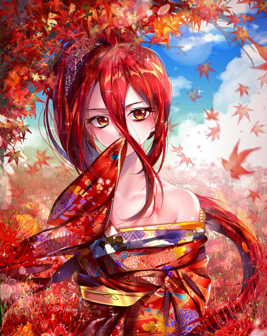 1other blue_sky blush clouds covering_mouth day floating_hair floral_print hair_between_eyes hhgy0925 highres houseki_no_kuni japanese_clothes kimono leaf long_hair looking_at_viewer maple_leaf mole mole_under_eye off_shoulder outdoors print_kimono red_eyes red_kimono redhead shinsha_(houseki_no_kuni) shiny shiny_hair side_ponytail sky solo upper_body