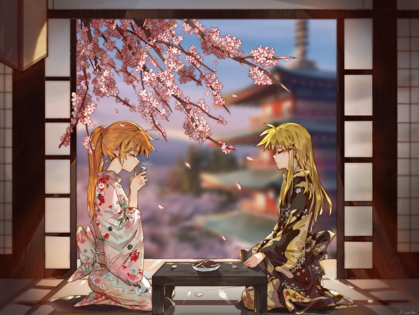 2girls alternate_costume blush bowl brown_hair building cherry_blossoms closed_eyes closed_mouth couple cup drinking fate_testarossa floor food grass hand_on_own_knee hand_on_table highres japanese_clothes kimono kneeling long_hair lyrical_nanoha mahou_shoujo_lyrical_nanoha mahou_shoujo_lyrical_nanoha_strikers multiple_girls petals ponytail shadow smoke table takamachi_nanoha tea tree xiao_lu yuri