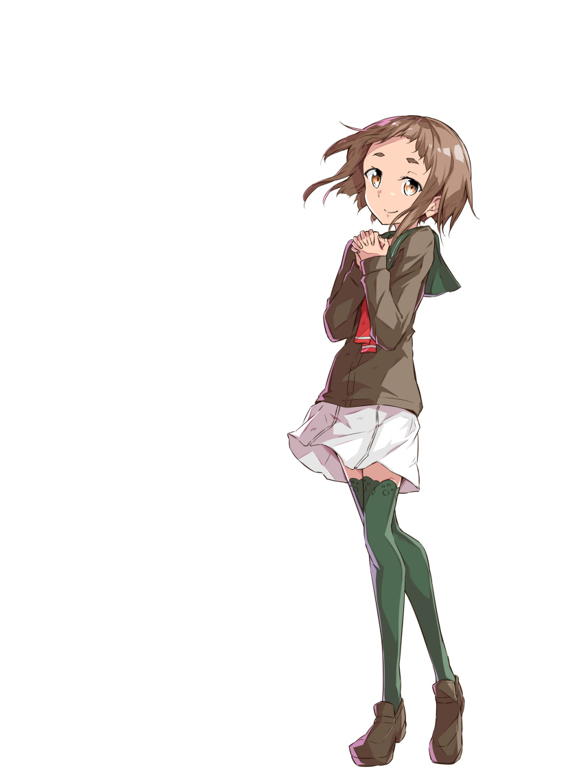 1girl absurdres brown_cardigan brown_footwear cardigan closed_mouth commentary_request green_legwear hands_clasped highres kagajou_suzume kusunoki_mebuki_wa_yuusha_de_aru loafers long_sleeves looking_at_viewer own_hands_together sakuria school_uniform serafuku shoes short_hair_with_long_locks simple_background smile solo standing thigh-highs white_background yuusha_de_aru