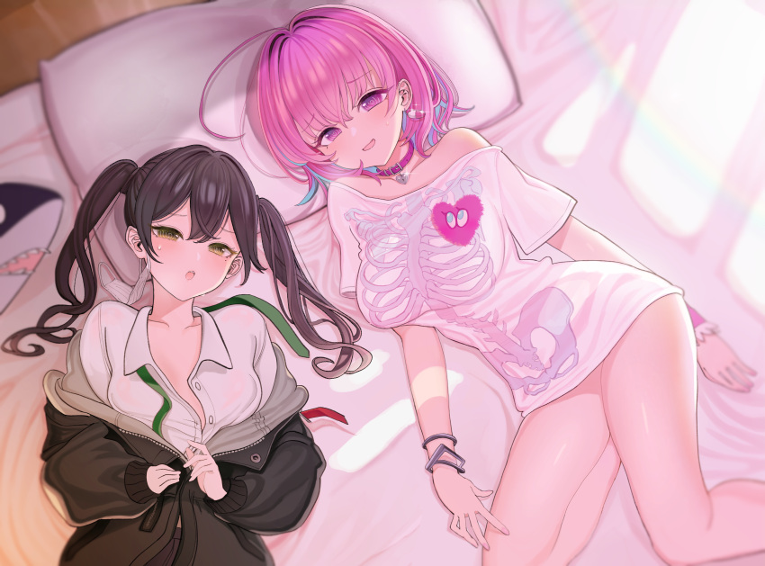 2girls @_@ absurdres ahoge bangs bed_sheet black_jacket black_skirt blue_hair blush bracelet breasts brown_eyes brown_hair collar collarbone collared_shirt eyebrows_visible_through_hair fang green_neckwear hair_between_eyes hair_intakes heart heart-shaped_lock heart_collar highres idolmaster idolmaster_cinderella_girls ikea_shark indoors jacket jewelry large_breasts long_hair long_sleeves looking_at_viewer lying mask_pull mole mole_under_eye multicolored_hair multiple_girls naked_shirt necktie off-shoulder_shirt off_shoulder on_back on_bed open_clothes open_jacket open_mouth open_shirt pill pill_earrings pillow pink_collar pink_eyes pink_hair sharp_teeth shirt short_hair short_sleeves single_wrist_cuff skeleton_print skirt stuffed_animal stuffed_shark stuffed_toy sumida_bunchou sunazuka_akira surgical_mask sweat t-shirt teeth twintails two-tone_hair undone_necktie white_pillow white_shirt yumemi_riamu