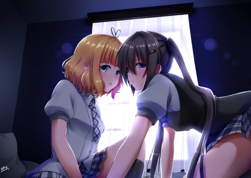 2girls bedroom black_hair black_legwear black_ribbon blonde_hair blue_eyes blush closed_mouth collared_shirt curtains dress_shirt from_side gochuumon_wa_usagi_desu_ka? grey_skirt hair_between_eyes hair_ornament hair_ribbon hairclip highres hinata_tino indoors kirima_sharo kneehighs long_hair miniskirt multiple_girls on_bed parted_lips pillow plaid plaid_neckwear plaid_skirt pleated_skirt ribbon school_uniform shiny shiny_hair shirt short_hair short_sleeves signature skirt tedeza_rize twintails very_long_hair violet_eyes white_shirt wing_collar