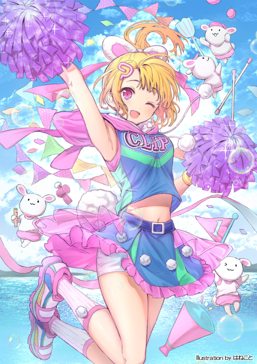 1girl ;d animal animal_ears animal_hood arm_up bangs baseball_cap belt belt_buckle blonde_hair blue_belt blue_skirt blue_sky breasts buckle bunny_hood cheerleader clothed_animal clouds cloudy_sky commentary_request day drawstring eyebrows_visible_through_hair fake_animal_ears frilled_skirt frills hair_ornament hat highres holding hood hood_down hooded_shirt kneehighs looking_at_viewer megaphone navel one_eye_closed open_mouth original outdoors outstretched_arm pennant pink_eyes pink_footwear pink_headwear pink_legwear pink_ribbon pom_poms rabbit rabbit_ears ribbon shirt shoes short_hair short_shorts short_sleeves shorts shorts_under_skirt skirt sky sleeveless sleeveless_shirt small_breasts smile solo string_of_flags striped striped_legwear vertical-striped_legwear vertical_stripes wang_man watermark whistle white_shirt white_shorts wristband