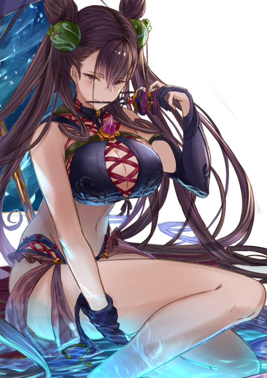 1girl bangs bare_shoulders bikini black_bikini blush breasts bridal_gauntlets brown_hair closed_mouth double_bun eyewear_removed fate/grand_order fate_(series) hair_between_eyes hair_ornament highres large_breasts long_hair looking_at_viewer murasaki_shikibu_(fate) navel sarong smile solo sunglasses swimsuit thighs two_side_up umbrella very_long_hair violet_eyes water white_background yatsuka_(846)