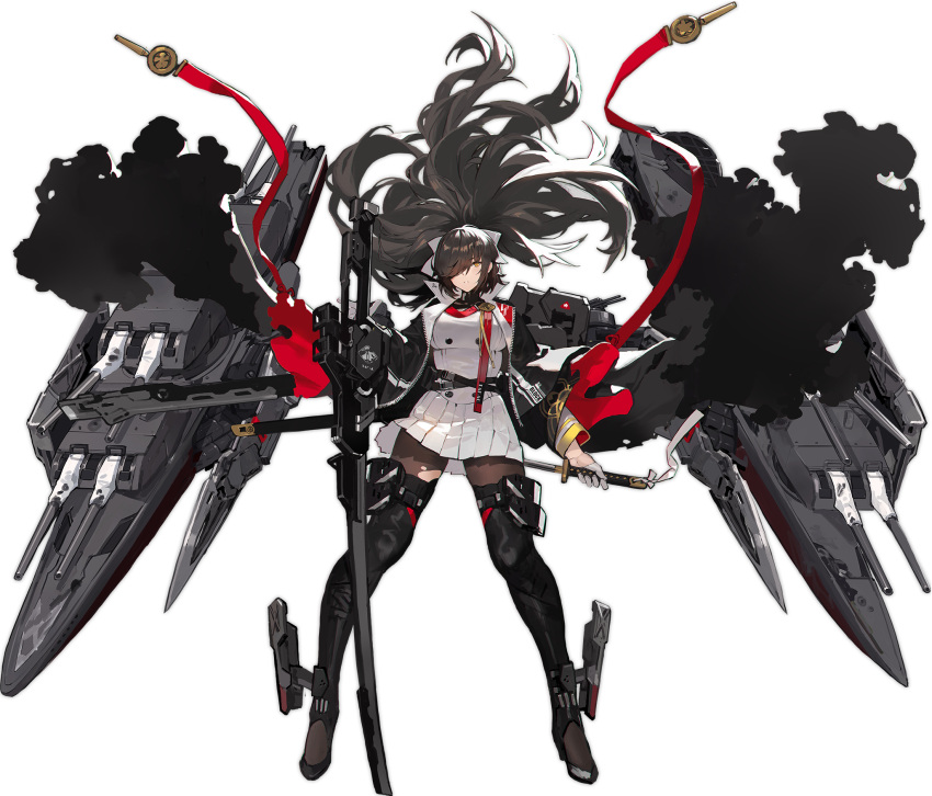 1girl azur_lane bangs black_coat black_footwear black_hair black_legwear boots bow breasts brown_eyes cannon dark_takao_(azur_lane) dual_wielding expressionless eyebrows_visible_through_hair floating_hair gloves hair_bow hair_over_one_eye high_collar highres holding holding_sword holding_weapon jacket katana kishiyo large_breasts long_hair looking_at_viewer military military_uniform miniskirt official_art pantyhose parted_lips pleated_skirt ponytail ribbon rigging skirt solo standing sword thigh-highs thigh_boots transparent_background turret uniform unzipped very_long_hair weapon white_bow white_jacket white_skirt wind