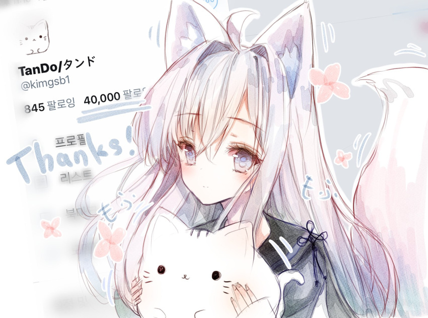 1girl ahoge animal animal_ear_fluff animal_ears bangs black_shirt cat closed_mouth commentary_request eyebrows_visible_through_hair fingernails followers fox_ears fox_girl fox_tail hair_between_eyes hair_intakes highres holding holding_animal holding_cat korean_text long_hair long_sleeves original ping_myu_ring_(tandohark) shirt silver_hair sleeves_past_wrists smile solo tail tail_raised tandohark thank_you twitter_username upper_body violet_eyes