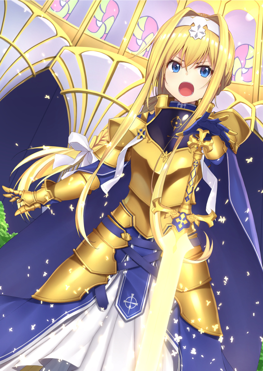 1girl alice_schuberg armor armored_dress bangs blonde_hair blue_dress blue_eyes blue_gloves braid dress french_braid gauntlets gloves gold_armor hair_between_eyes hairband highres long_braid long_hair looking_at_viewer mottsun_(i_40y) open_mouth single_braid solo sparkle sword sword_art_online very_long_hair weapon white_hairband