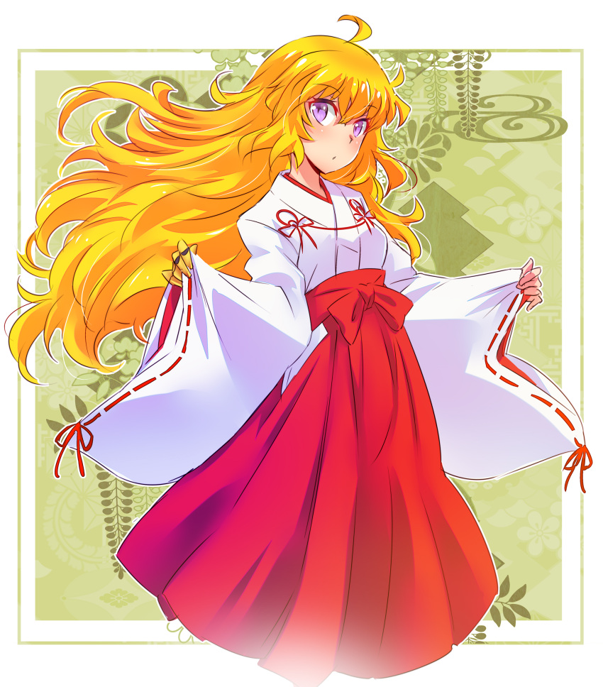 1girl absurdres ahoge blonde_hair hakama highres iesupa japanese_clothes long_hair miko prosthesis prosthetic_arm red_hakama ribbon-trimmed_sleeves ribbon_trim rwby solo violet_eyes wavy_hair wide_sleeves yang_xiao_long