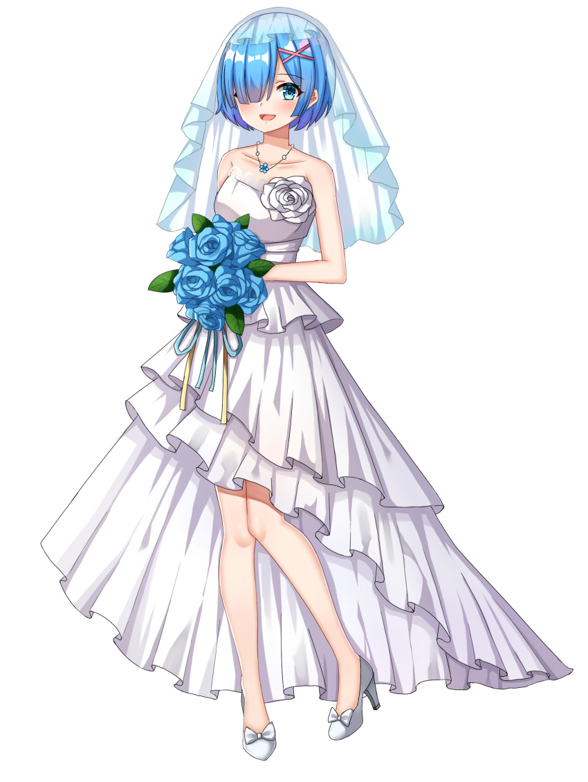 1girl :d asymmetrical_clothes bangs blue_eyes blue_flower blue_hair blue_ribbon blue_rose bouquet bow bridal_veil collarbone dress eyebrows_visible_through_hair flower full_body hair_ornament hair_over_one_eye high_heels highres holding holding_bouquet jewelry kapamiao necklace open_mouth pumps re:zero_kara_hajimeru_isekai_seikatsu rem_(re:zero) ribbon rose shiny shiny_hair short_hair sleeveless sleeveless_dress smile solo standing strapless strapless_dress transparent_background veil wedding_dress white_bow white_dress white_footwear x_hair_ornament yellow_ribbon