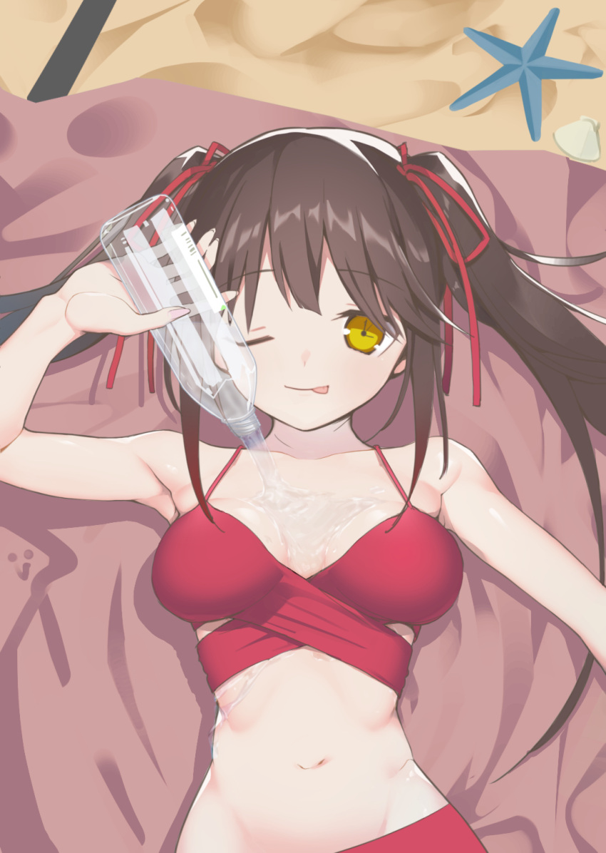1girl 6ml armpits bare_arms bare_shoulders bikini black_hair bottle breasts collarbone commentary_request date_a_live eyebrows_visible_through_hair hair_between_eyes highres long_hair looking_at_viewer lying navel on_back red_bikini red_ribbon ribbon shell smile solo starfish swimsuit tokisaki_kurumi tongue tongue_out twintails upper_body water water_bottle yellow_eyes