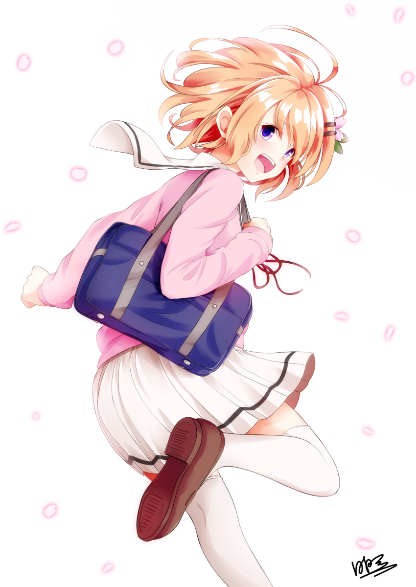 1girl :d bag blonde_hair blue_eyes brown_footwear cherry_blossoms flower gochuumon_wa_usagi_desu_ka? hair_flower hair_ornament highres hinata_tino holding holding_bag hoto_cocoa leg_up loafers long_sleeves miniskirt neck_ribbon open_mouth pink_flower pink_sweater pleated_skirt red_ribbon ribbon sailor_collar school_bag school_uniform shiny shiny_hair shoes short_hair signature simple_background skirt smile solo standing standing_on_one_leg sweater thigh-highs white_background white_legwear white_sailor_collar white_skirt zettai_ryouiki