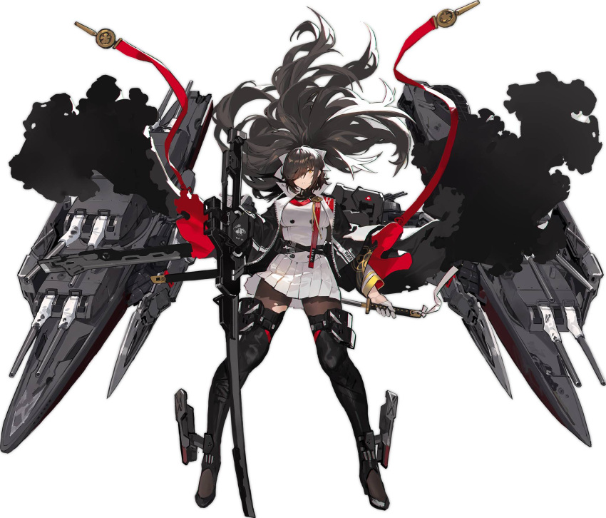 1girl azur_lane bangs black_coat black_footwear black_hair black_legwear boots bow breasts brown_eyes cannon dark_takao_(azur_lane) dual_wielding expressionless eyebrows_visible_through_hair floating_hair gloves hair_bow hair_over_one_eye high_collar highres holding holding_sword holding_weapon jacket katana kishiyo large_breasts long_hair looking_at_viewer military military_uniform miniskirt pantyhose parted_lips pleated_skirt ponytail ribbon rigging skirt solo standing sword thigh-highs thigh_boots turret uniform unzipped very_long_hair weapon white_bow white_jacket white_skirt wind