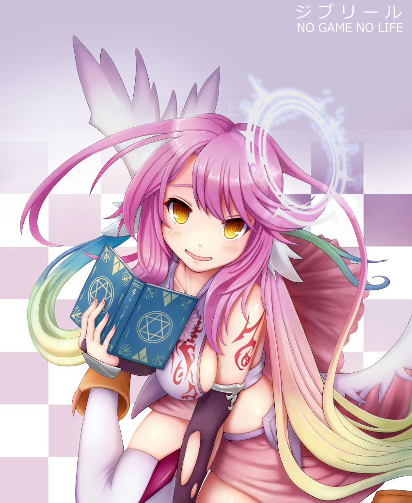 1girl absurdres angel_wings blush book breasts bridal_gauntlets character_name commentary_request copyright_name crop_top feathered_wings fishking gloves gradient_eyes gradient_hair halo highres holding holding_book jibril_(no_game_no_life) large_breasts long_hair looking_at_viewer low_wings magic_circle midriff multicolored multicolored_eyes multicolored_hair no_game_no_life open_mouth orange_eyes pink_hair sideboob sitting smile solo tattoo very_long_hair white_wings wing_ears wings yellow_eyes