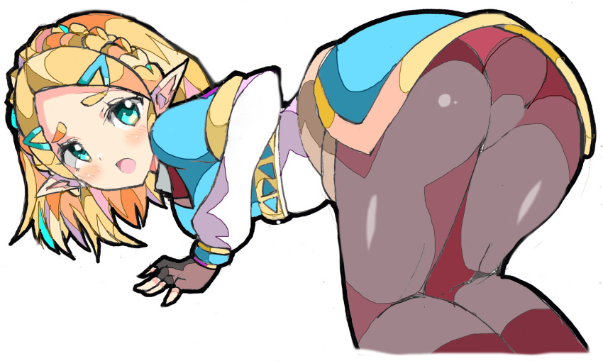 1girl aqua_eyes ass bent_over black_gloves blonde_hair blush braid crown_braid enpe fingerless_gloves furrowed_eyebrows gloves hair_ornament hairclip highres long_sleeves open_mouth pointy_ears princess_zelda short_hair simple_background solo the_legend_of_zelda the_legend_of_zelda:_breath_of_the_wild the_legend_of_zelda:_breath_of_the_wild_2 thick_eyebrows white_background