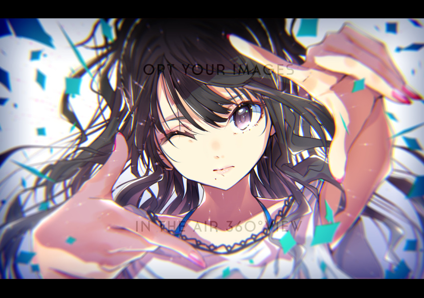 1girl bangs black_hair bra_strap collarbone confetti english_text fingernails idolmaster idolmaster_shiny_colors kazano_hiori letterboxed long_hair looking_at_viewer one_eye_closed outstretched_arms pink_nails shirt short_sleeves solo upper_body violet_eyes white_shirt yae_(mono110)