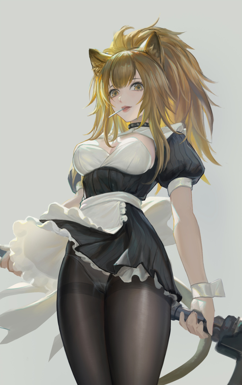 1girl absurdres animal_ear_fluff animal_ears apron arknights black_choker black_dress black_legwear blonde_hair breasts candy cat_ears cat_tail character_request choker dress food frilled_apron frilled_dress frills grey_background highres holding juliet_sleeves large_breasts lollipop long_hair long_sleeves maid mouth_hold panties panties_under_pantyhose pantyhose pantyshot pantyshot_(standing) parted_lips pink_lips ponytail puffy_sleeves simple_background solo standing striped studded_choker tail thighband_pantyhose underwear upskirt vertical-striped_dress vertical_stripes waist_apron white_apron white_panties yellow_eyes youyi_(ww5413203)