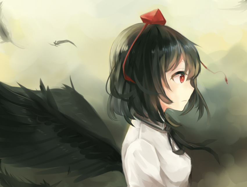 1girl bangs black_hair black_wings breasts fan8059 feathered_wings feathers from_side hat outdoors profile red_eyes shameimaru_aya shirt short_hair small_breasts solo tassel tokin_hat touhou upper_body white_shirt wings
