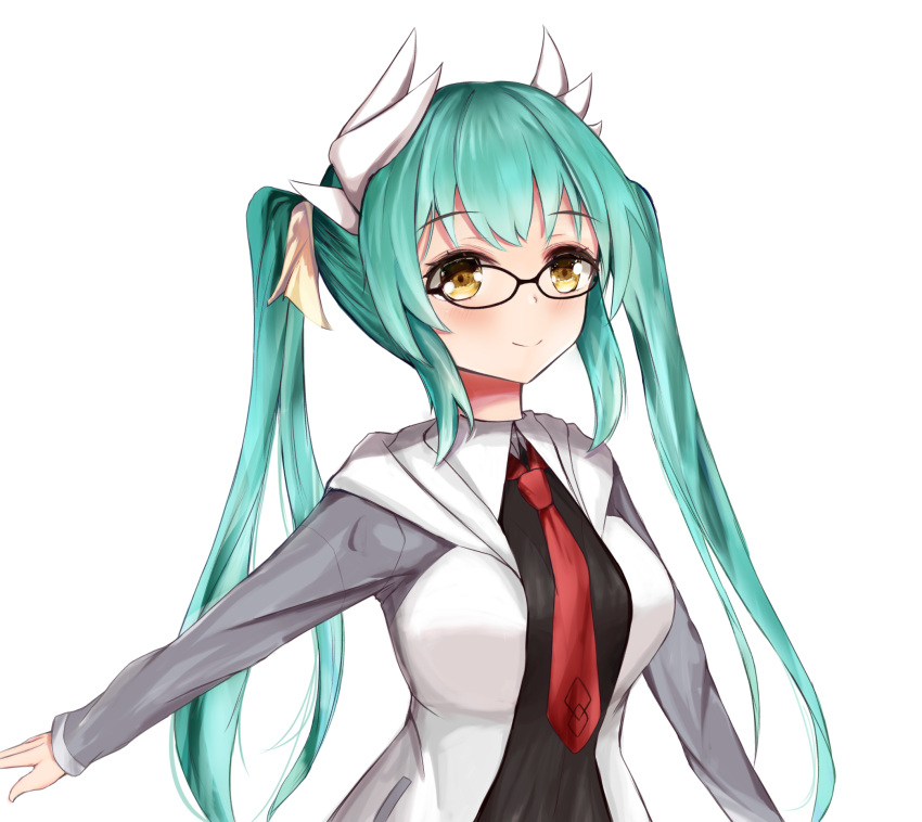 1girl alternate_costume black_shirt blush breasts commentary_request cosplay eyebrows_visible_through_hair fate/grand_order fate_(series) glasses highres horns jacket kiyohime_(fate/grand_order) large_breasts long_hair long_sleeves looking_at_viewer mash_kyrielight mash_kyrielight_(cosplay) necktie red_neckwear shirt smile solo taikoi7 twintails white_horns white_jacket yellow_eyes