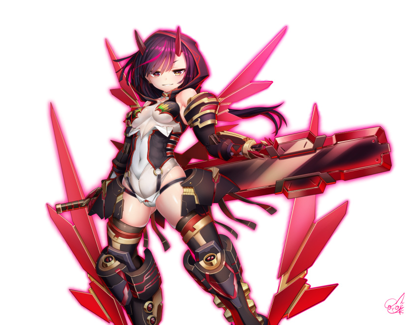 1girl alice_gear_aegis armor armored_boots bangs bare_shoulders black_footwear boots breasts brown_legwear covered_navel detached_collar detached_sleeves doyouwantto eyebrows_visible_through_hair floating_hair gauntlets grin hair_between_eyes half-closed_eyes heterochromia holding holding_sword holding_weapon hood hood_up horns huge_weapon legs_apart leotard long_hair looking_at_viewer multicolored_hair original pink_hair purple_hair red_eyes shiny shiny_hair shiny_skin shoulder_armor signature simple_background small_breasts smile solo standing streaked_hair sword thigh-highs weapon white_background white_leotard wind yellow_eyes